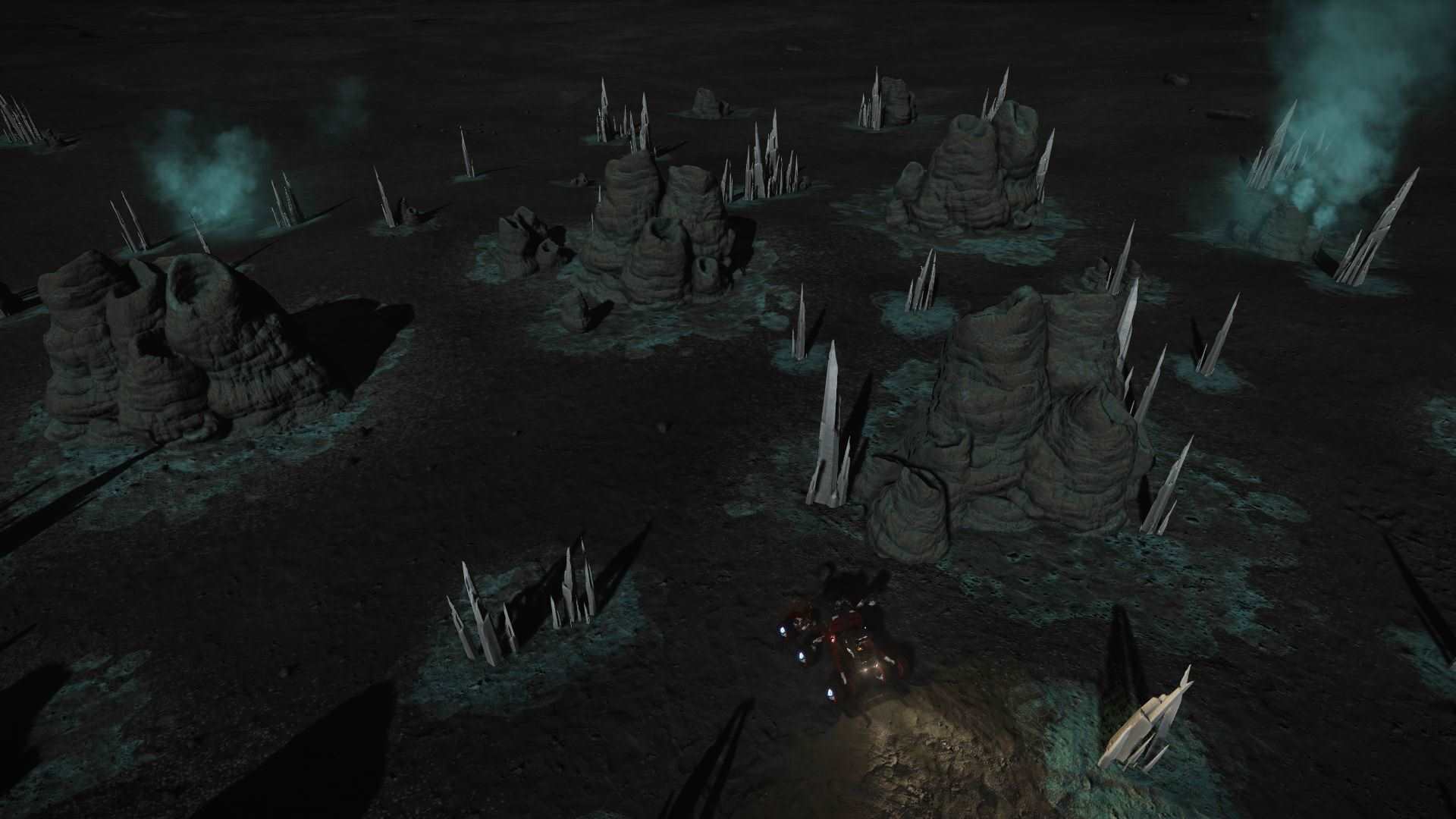 An SRV parked in a crystalline shard field at night — clusters of white needle crystals growing from teal-glowing rock mounds.