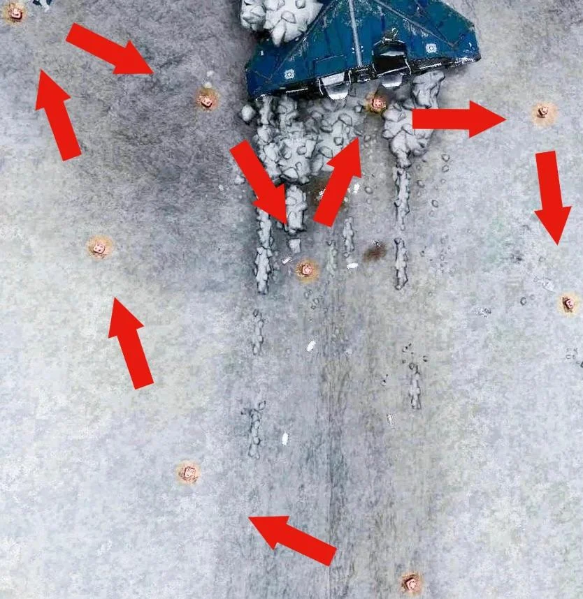 Top-down map of the Jameson crash site: the wrecked blue Cobra at top with data points scattered around it, red arrows tracing an efficient SRV path that sweeps every point.